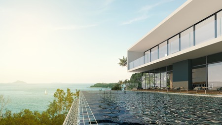 Beautiful Sea view swimming pool in modern loft design,Luxury ocean Beach house, 3d renderingの写真素材