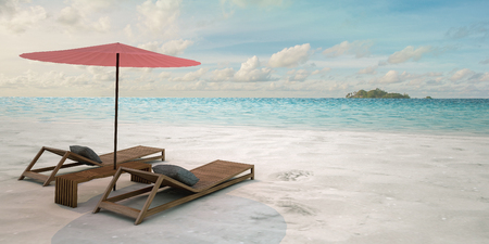 Beautiful Sea View Deck chairs on tropical beach at sunlight  - 3d renderingの写真素材