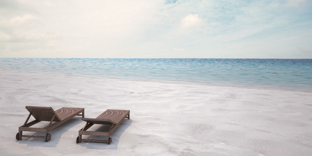 Beautiful Sea View Deck chairs on tropical beach at sunlight  - 3d renderingの写真素材