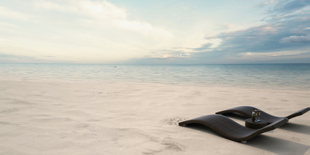 Beautiful Sea View Deck chairs on tropical beach at sunlight  - 3d renderingの写真素材