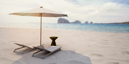Beautiful Sea View Deck chairs on tropical beach at sunlight  - 3d renderingの写真素材