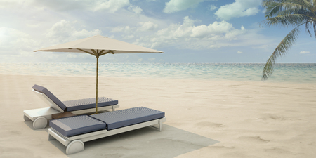 Beautiful Sea View Deck chairs on tropical beach at sunlight  - 3d renderingの写真素材