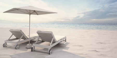 Beautiful Sea View Deck chairs on tropical beach at sunlight  - 3d renderingの写真素材
