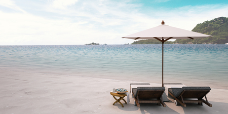 Beautiful Sea View Deck chairs on tropical beach at sunlight  - 3d renderingの写真素材