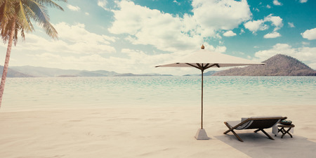 Beautiful Sea View Deck chairs on tropical beach at sunlight  - 3d renderingの写真素材