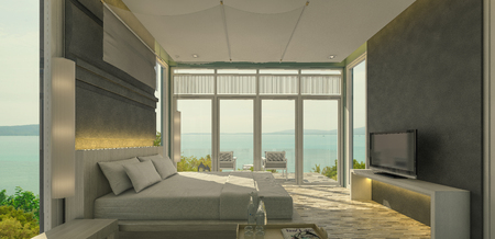 Relaxation in bedroom with seaview,vintage style,3d renderingの写真素材
