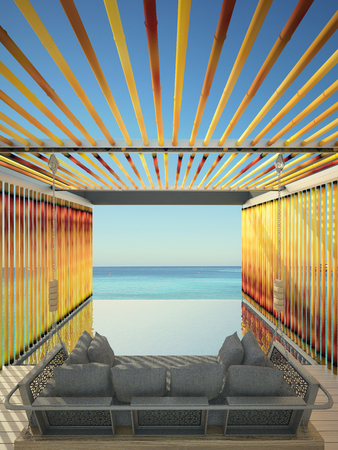 Beautiful view of the pool with bamboo walls blocking out looking to the sea. at sunlight  - 3d renderingの写真素材