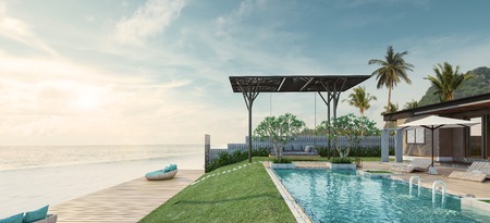 Sea view swimming pool in modern loft design,Luxury ocean Beach house, 3d renderingの写真素材