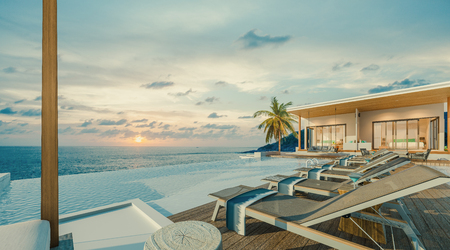 Sea view swimming pool in modern loft design,Luxury ocean Beach house, 3d renderingの写真素材