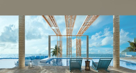Sea view swimming pool in modern loft design,Luxury ocean Beach house, Clear blue concept,3d renderingの写真素材