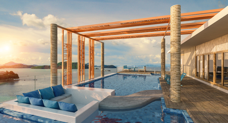 Sea view swimming pool in modern loft design,Luxury ocean Beach house, Clear blue concept,3d renderingの写真素材