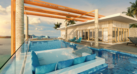 Sea view swimming pool in modern loft design,Luxury ocean Beach house, Clear blue concept,3d renderingの写真素材