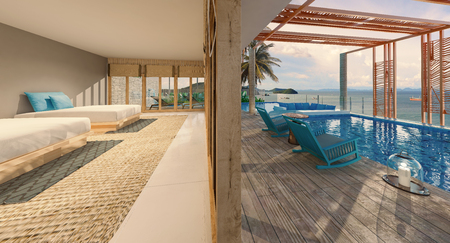 Sea view swimming pool in modern loft design,Luxury ocean Beach house, 3d renderingの写真素材