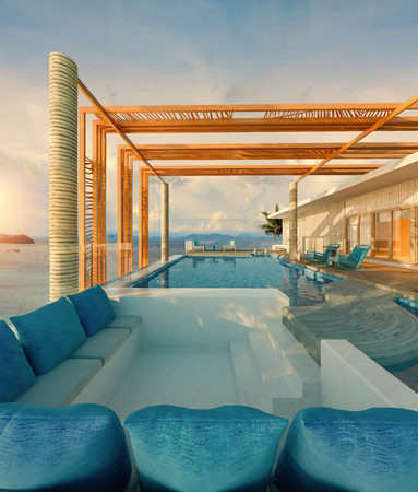 Sea view swimming pool in modern loft design,Luxury ocean Beach house,Clear blue concept, 3d renderingの写真素材