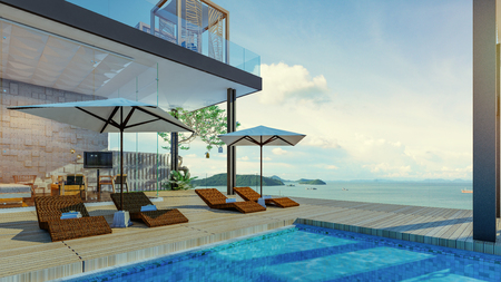 Sea view swimming pool in 
Modern Mirror House design,Luxury ocean Beach house, 3d renderingの写真素材