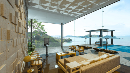 Living room with swimming pool in 
Modern Mirror House design,Luxury ocean Beach house, 3d renderingの写真素材