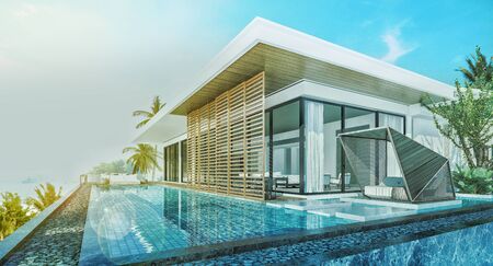 Sea view swimming pool in modern loft design,Luxury ocean Beach house, 3d renderingの写真素材