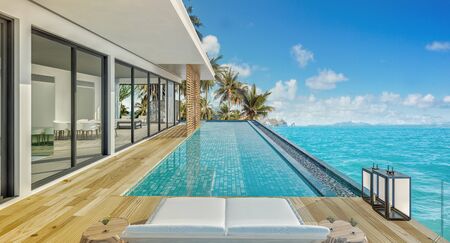 Sea view swimming pool in modern loft design,Luxury ocean Beach house, 3d renderingの写真素材