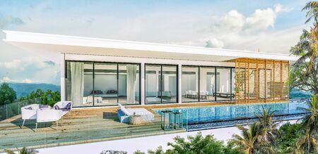 Sea view swimming pool in modern loft design,Luxury ocean Beach house, 3d renderingの写真素材