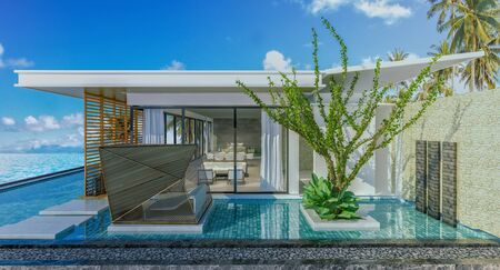 Sea view swimming pool in modern loft design,Luxury ocean Beach house, 3d renderingの写真素材