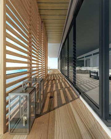 Sea view swimming pool in modern loft design,Luxury ocean Beach house, 3d renderingの写真素材