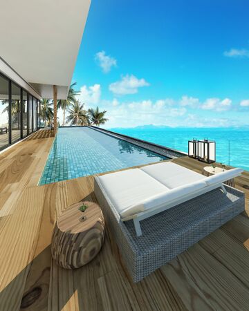 Sea view swimming pool in modern loft design,Luxury ocean Beach house, 3d renderingの写真素材