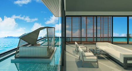 Sea view swimming pool in modern loft design,Luxury ocean Beach house, 3d renderingの写真素材