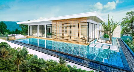 Sea view swimming pool in modern loft design,Luxury ocean Beach house, 3d renderingの写真素材