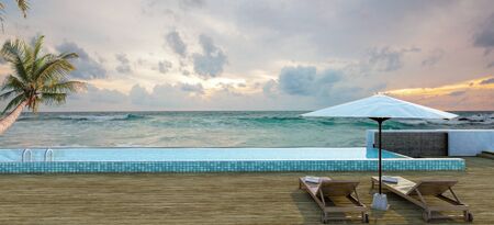 Sea view swimming pool in modern loft design,Luxury ocean Beach lounge  concept,3d renderingの写真素材