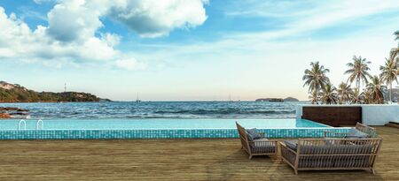 Sea view swimming pool in modern loft design,Luxury ocean Beach lounge  concept,3d renderingの写真素材