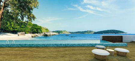Sea view swimming pool in modern loft design,Luxury ocean Beach lounge  concept,3d renderingの写真素材