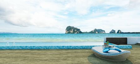 Sea view swimming pool in modern loft design,Luxury ocean Beach lounge  concept,3d renderingの写真素材