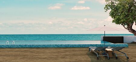 Sea view swimming pool in modern loft design,Luxury ocean Beach lounge  concept,3d renderingの写真素材