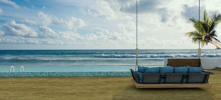 Sea view swimming pool in modern loft design,Luxury ocean Beach lounge  concept,3d renderingの写真素材