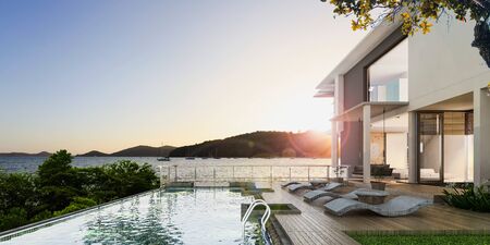 Sea view swimming pool in modern loft design,Luxury ocean Beach house,sunset, 3d renderingの写真素材