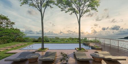 Sea view swimming pool in modern loft design,Luxury ocean Beach house, sunset,3d rendering