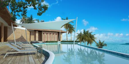 Beautiful view of Swimming Pool with  the sea, Lounge chairs on wooden floor deck at vacation home or hotel - 3d renderの写真素材