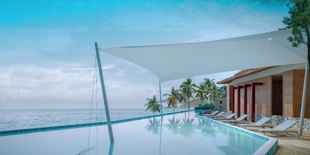 Beautiful view of Swimming Pool with  the sea, Lounge chairs on wooden floor deck at vacation home or hotel - 3d renderの写真素材