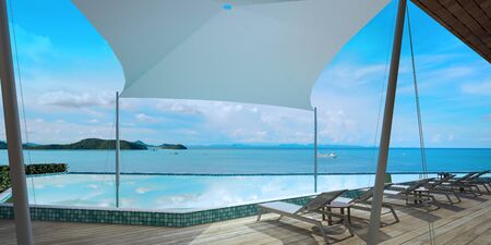 Beautiful view of Swimming Pool with  the sea, Lounge chairs on wooden floor deck at vacation home or hotel - 3d renderの写真素材