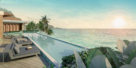 Beautiful view of Swimming Pool with  the sea, Lounge chairs on wooden floor deck at vacation home or hotel - 3d renderの写真素材