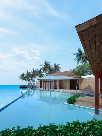 Beautiful view of Swimming Pool with  the sea, Lounge chairs on wooden floor deck at vacation home or hotel - 3d renderの写真素材