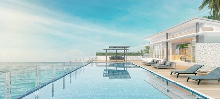 Beautiful view of Swimming Pool with  the sea at sunlight  - 3d renderingの写真素材