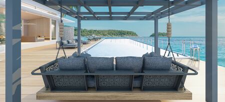 Beautiful view of Swimming Pool with  the sea at sunlight  - 3d renderingの写真素材
