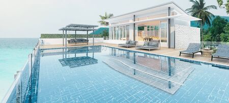 Beautiful view of Swimming Pool with  the sea at sunlight  - 3d renderingの写真素材