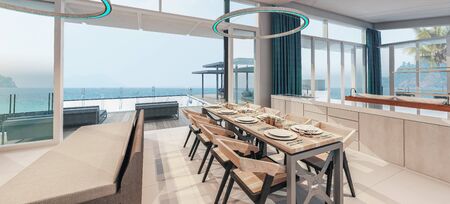 Beautiful view of Swimming Pool with  the sea at sunlight  - 3d renderingの写真素材