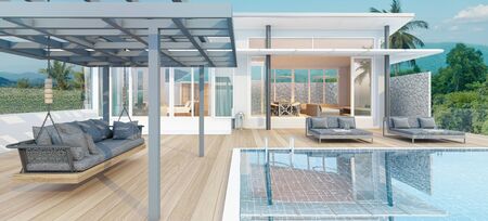 Beautiful view of Swimming Pool with  the sea at sunlight  - 3d renderingの写真素材