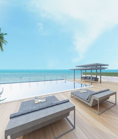 Beautiful view of Swimming Pool with  the sea at sunlight  - 3d renderingの写真素材