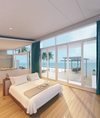 Beautiful view of Swimming Pool with  the sea at sunlight  - 3d renderingの写真素材