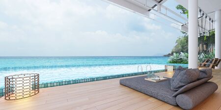 Beautiful view of Swimming Pool with  the sea at sunlight  - 3d renderingの写真素材