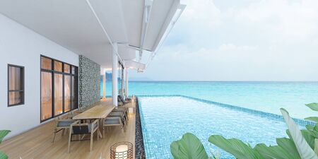 Beautiful view of Swimming Pool with  the sea at sunlight  - 3d renderingの写真素材
